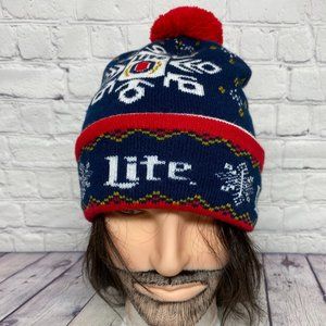 Miller Lite Beer Beanie Winter Hat Cap Knit Toque Navy Blue Red Christmas Pom